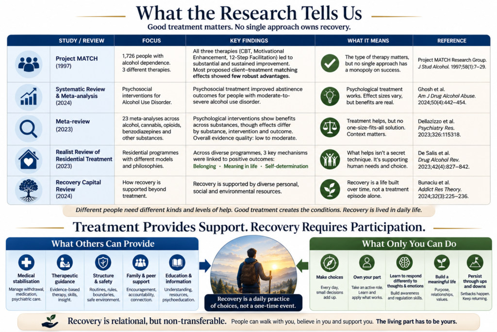 Infographic summarising addiction treatment research showing that treatment supports recovery, but no single approach owns recovery.