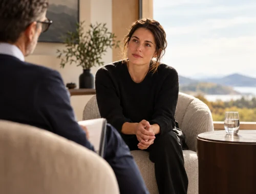 Illustrative scene of a woman speaking with a counsellor in a private consultation room