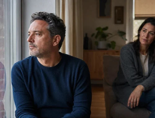 A man looks out of a window while a loved one watches with quiet concern